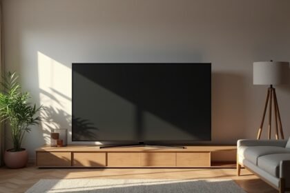 Modern plazma TV a nappaliban, stílusos berendezéssel.