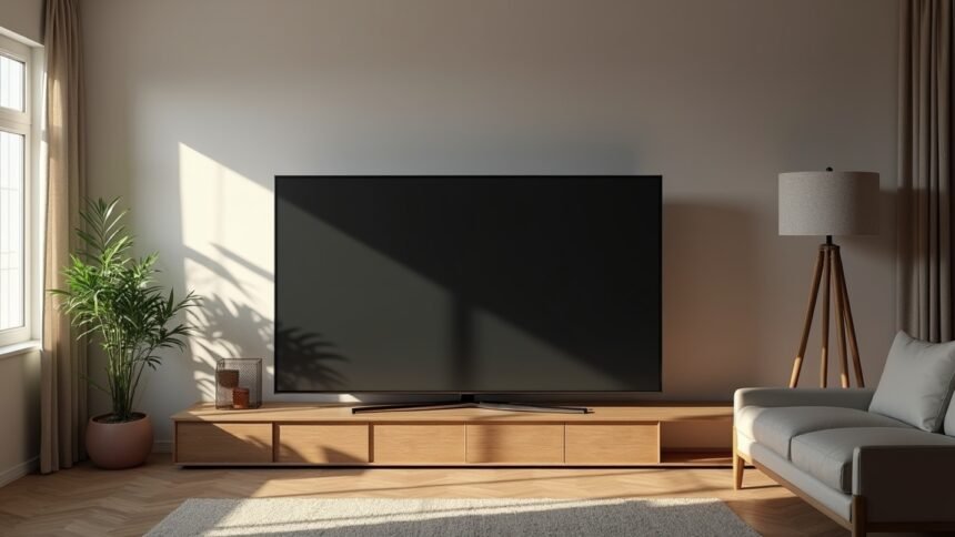 Modern plazma TV a nappaliban, stílusos berendezéssel.