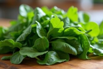 Friss rukkola levelek egy fából készült deszkán