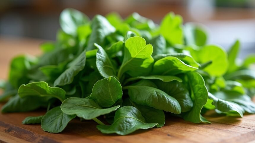 Friss rukkola levelek egy fából készült deszkán