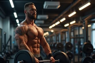 Izmos férfi súlyemelés közben egy modern edzőteremben.