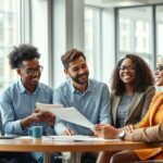 Szakmai mentorálási találkozó dinamikus csoportban, ahol tapasztalatokat osztanak meg.