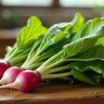 Friss reteklevelek és retek gyökerek egy falapátra helyezve