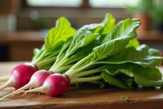 Friss reteklevelek és retek gyökerek egy falapátra helyezve