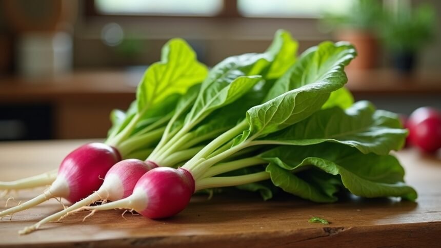 Friss reteklevelek és retek gyökerek egy falapátra helyezve