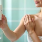 Nő golyós dezodort használ a fürdőszobában frissességért