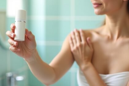 Nő golyós dezodort használ a fürdőszobában frissességért
