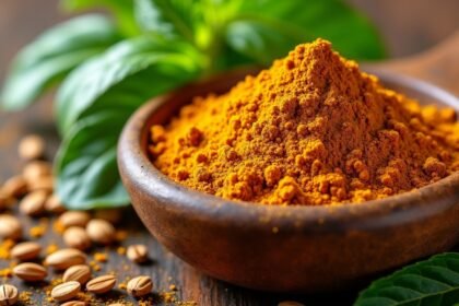 Őrölt kömény fűszer és friss zöld levelek egy tálban