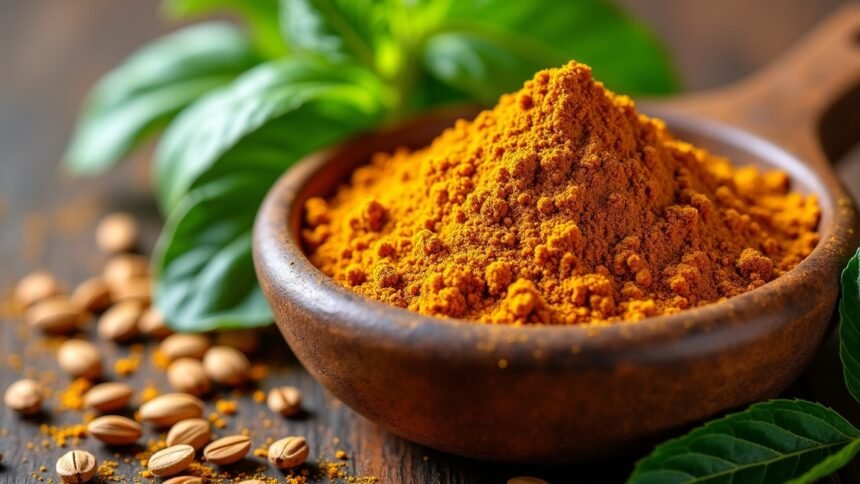 Őrölt kömény fűszer és friss zöld levelek egy tálban