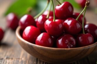 Friss meggy egy fából készült tálban, ízletes és tápláló.