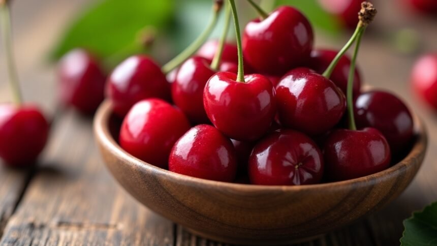 Friss meggy egy fából készült tálban, ízletes és tápláló.