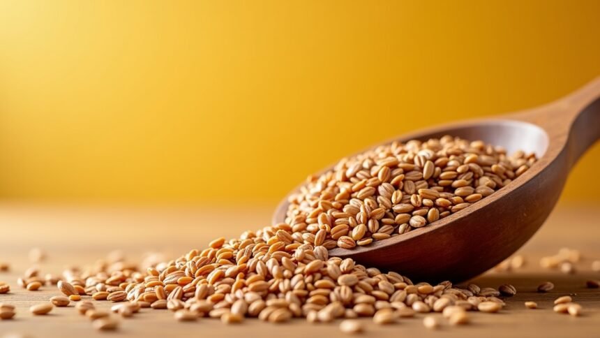 Lenmagpehely a fa kanálban, tápanyagban gazdag forrás.