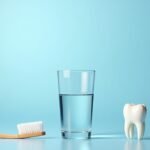 Fluorid, fogkefe és fog üveg víz mellett, egészség és szájápolás témában.