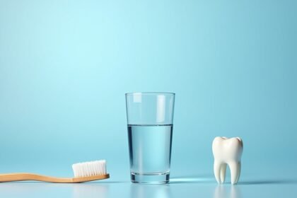 Fluorid, fogkefe és fog üveg víz mellett, egészség és szájápolás témában.
