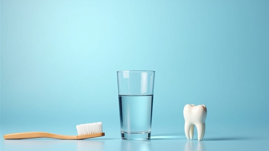 Fluorid, fogkefe és fog üveg víz mellett, egészség és szájápolás témában.