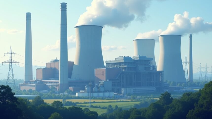 Hőerőmű távlatból, gőz és füst kibocsátással.