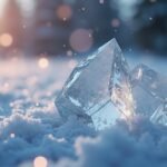 Ezüst-jodid kristályok a hóban, napsütéses háttérben