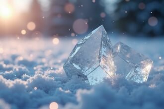 Ezüst-jodid kristályok a hóban, napsütéses háttérben