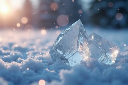 Ezüst-jodid kristályok a hóban, napsütéses háttérben