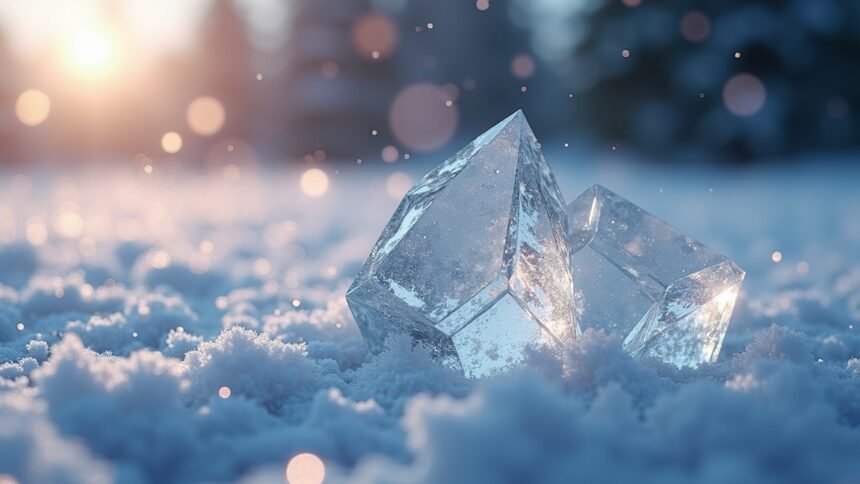 Ezüst-jodid kristályok a hóban, napsütéses háttérben