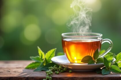 Frissen készült vasfű tea, zöld háttérben, gőzölögve.