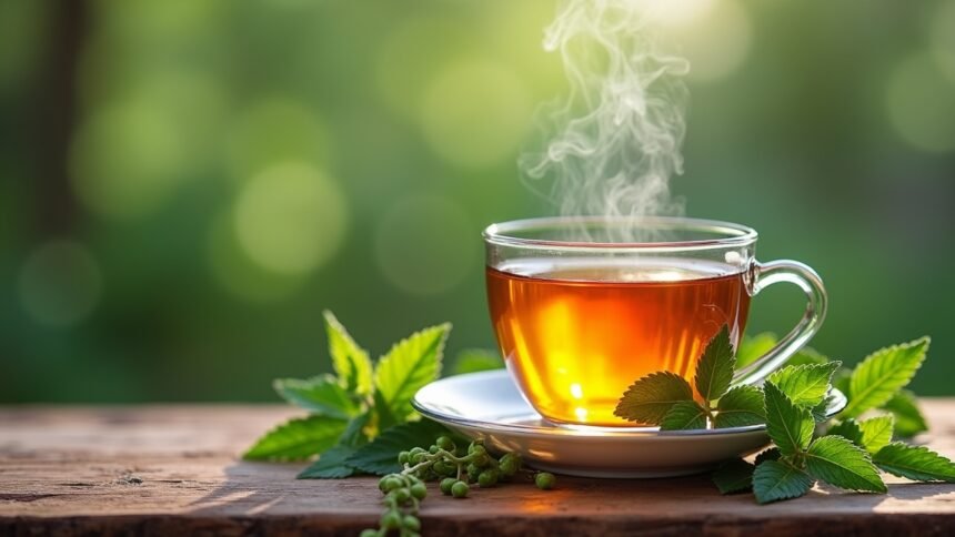 Frissen készült vasfű tea, zöld háttérben, gőzölögve.