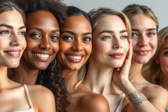 Több női arc a bőr szépségének és egészségének bemutatására.