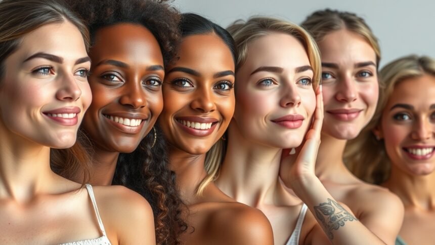 Több női arc a bőr szépségének és egészségének bemutatására.