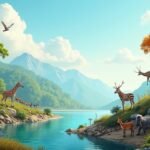 Természetes élőhely állatokkal a folyó partján, blue sky