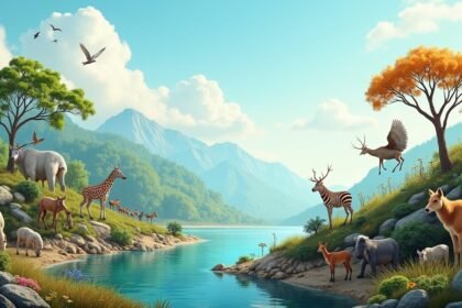 Természetes élőhely állatokkal a folyó partján, blue sky