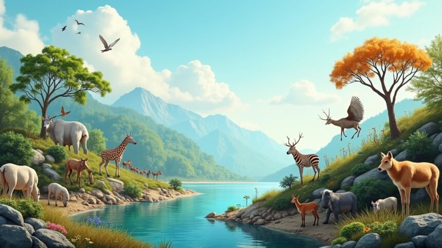 Természetes élőhely állatokkal a folyó partján, blue sky