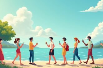 Fiatalok sétálnak a tengerparton, vízpalackkal hidratálnak.