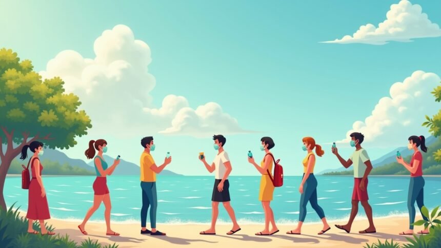 Fiatalok sétálnak a tengerparton, vízpalackkal hidratálnak.