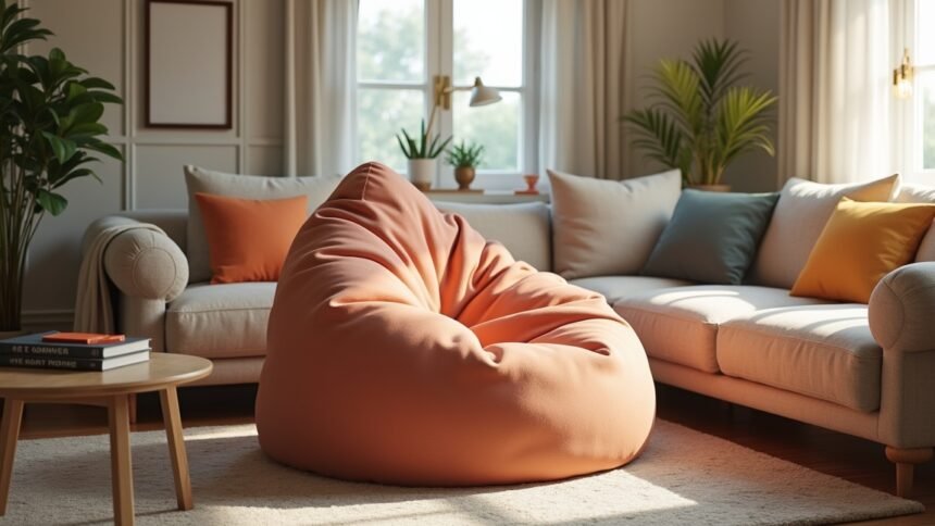 Kényelmes babzsákfotel egy modern nappaliban, pihenéshez ideális.