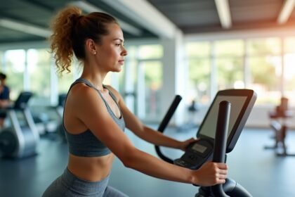 Nő elliptikus tréneren edzés közben a fitneszteremben.