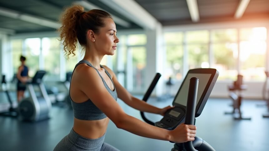 Nő elliptikus tréneren edzés közben a fitneszteremben.