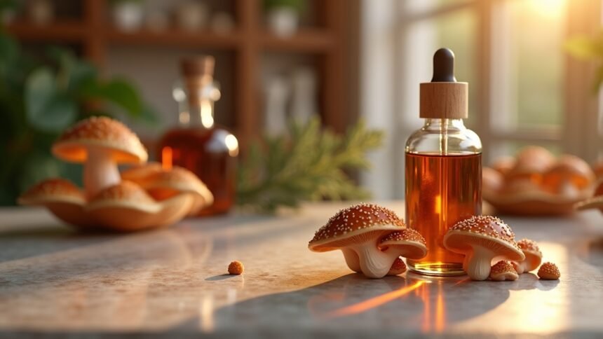 Ganoderma lucidum kivonat üvegpalack és gombák