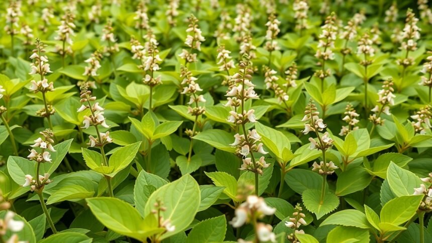 Keserűfű növény, fehér virágokkal és zöld levelekkel.