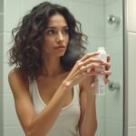 Nő szárazsampon használata előtt, fürdőszobai tükör előtt.