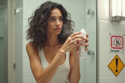 Nő szárazsampon használata előtt, fürdőszobai tükör előtt.