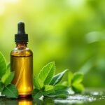 Moringaolaj üveg cseppentővel, zöld levelek között.
