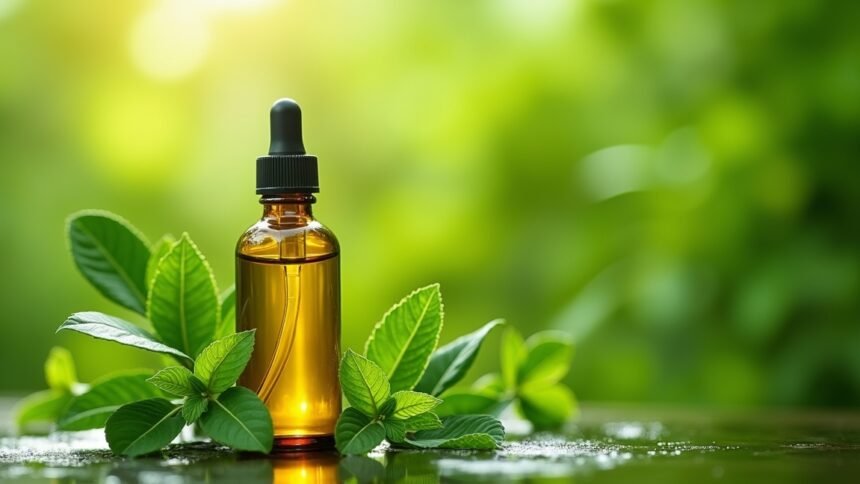 Moringaolaj üveg cseppentővel, zöld levelek között.