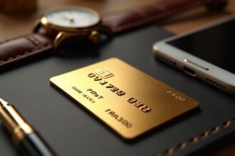 Aranykártya prémium kártya, okostelefon és óra a háttérben