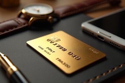 Aranykártya prémium kártya, okostelefon és óra a háttérben