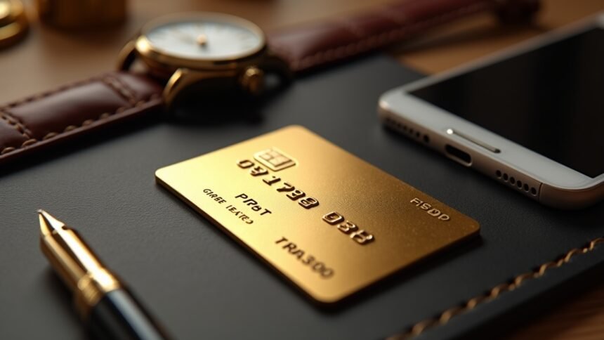 Aranykártya prémium kártya, okostelefon és óra a háttérben