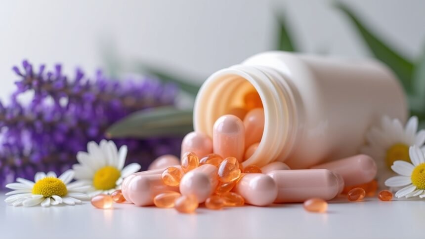 Magnézium és B6-vitamin kapszulák virágokkal körülvéve.