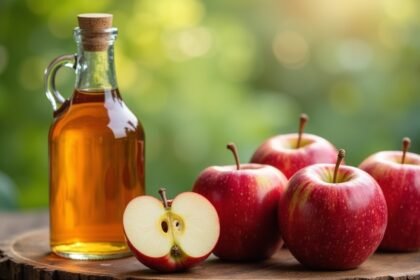 Almaecet üveg palackban és friss almák a fakanálon.