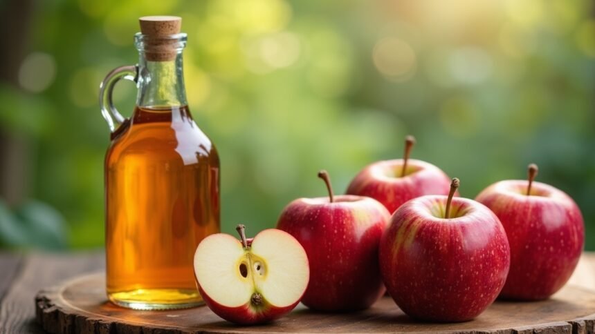 Almaecet üveg palackban és friss almák a fakanálon.