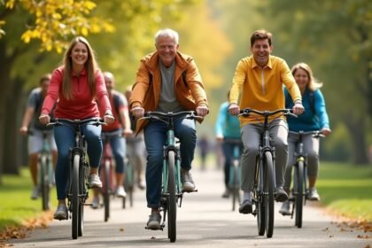 Csoport kerékpározó ember boldogan a szabadban.