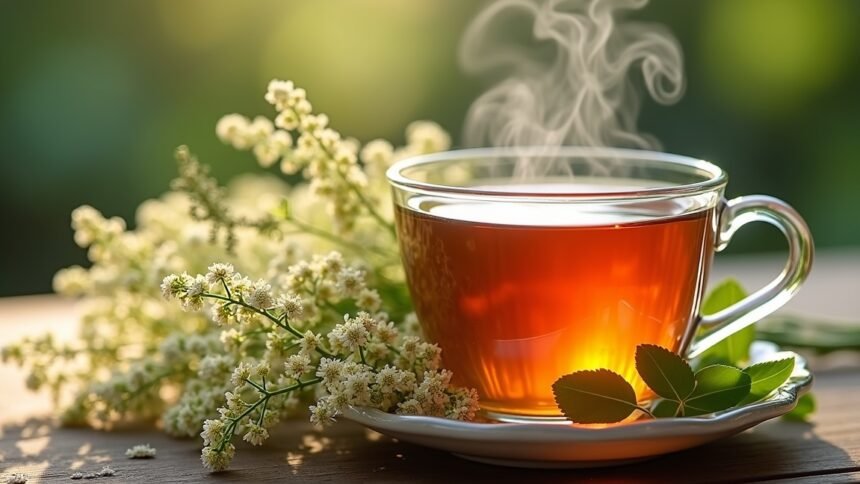 Cickafark tea tálalva friss fűszerekkel és virágokkal